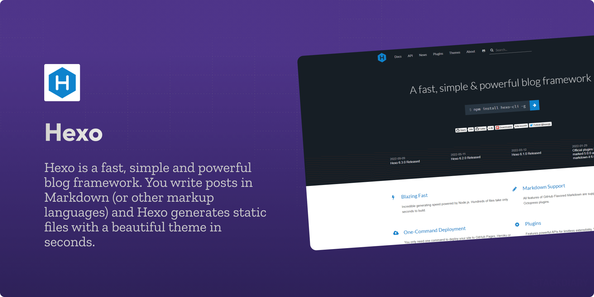 Hexo is a fast, simple and powerful blog framework. You write posts in Markdown (or other markup languages) and Hexo generates static files with a beautiful theme in seconds.