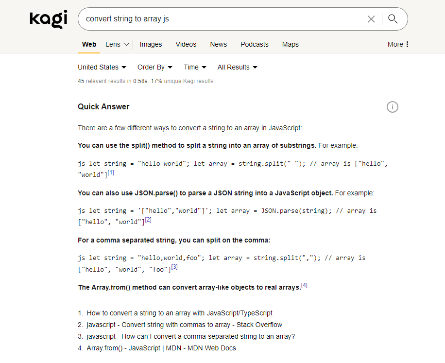 convert string to array js kagi quick answer
