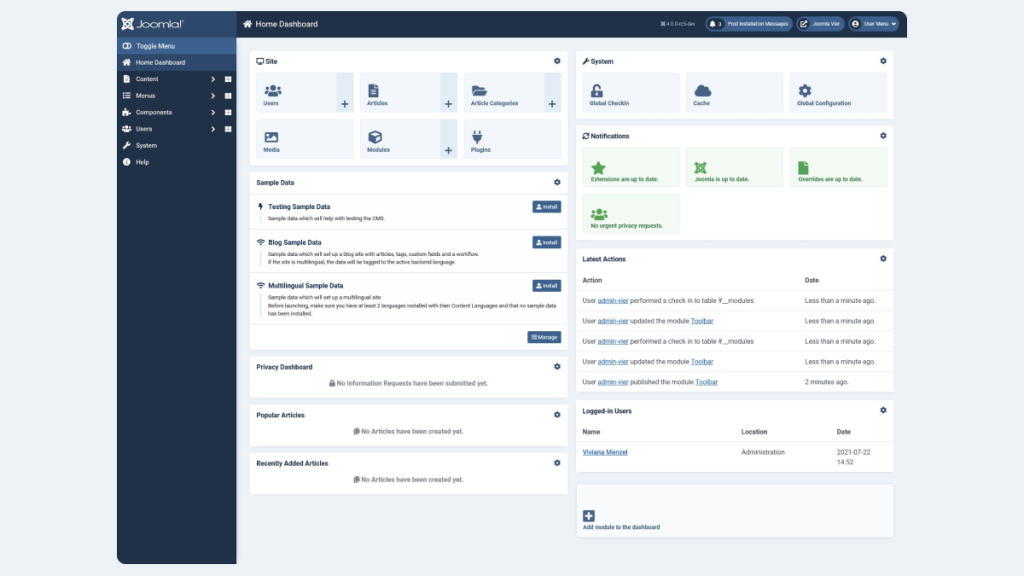 the joomla dashboard