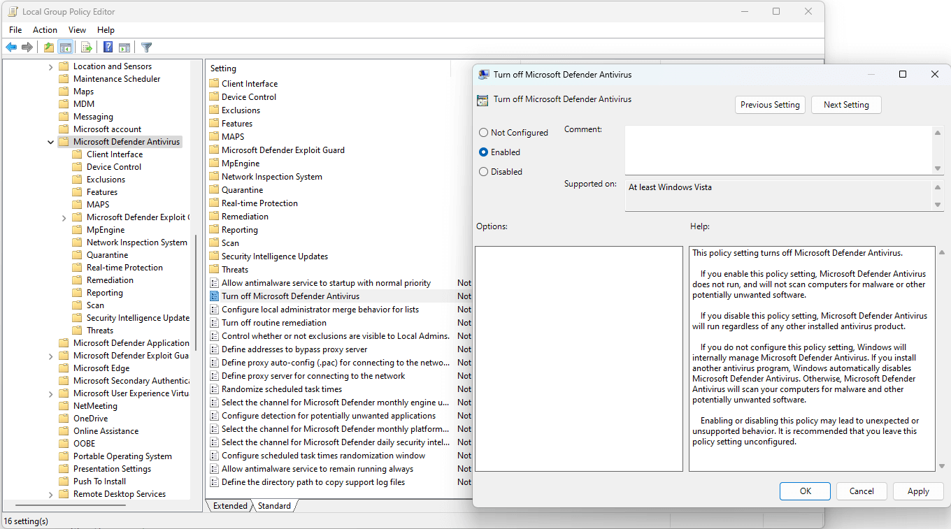 group policy editor panel where you can turn off Microsoft Defender Antivirus