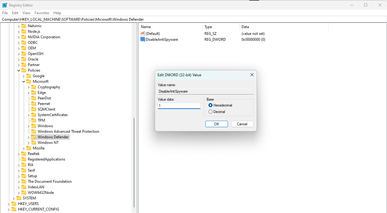 adding a new dword value in the registry editor panel