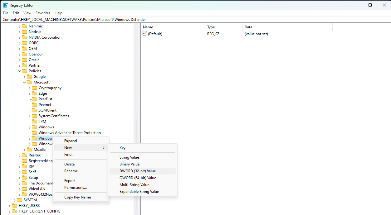 registry editor panel