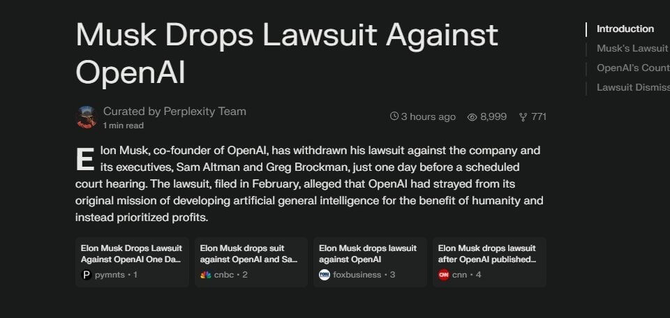 Musk Drops Lawsuit Against OpenAI, Perplexity