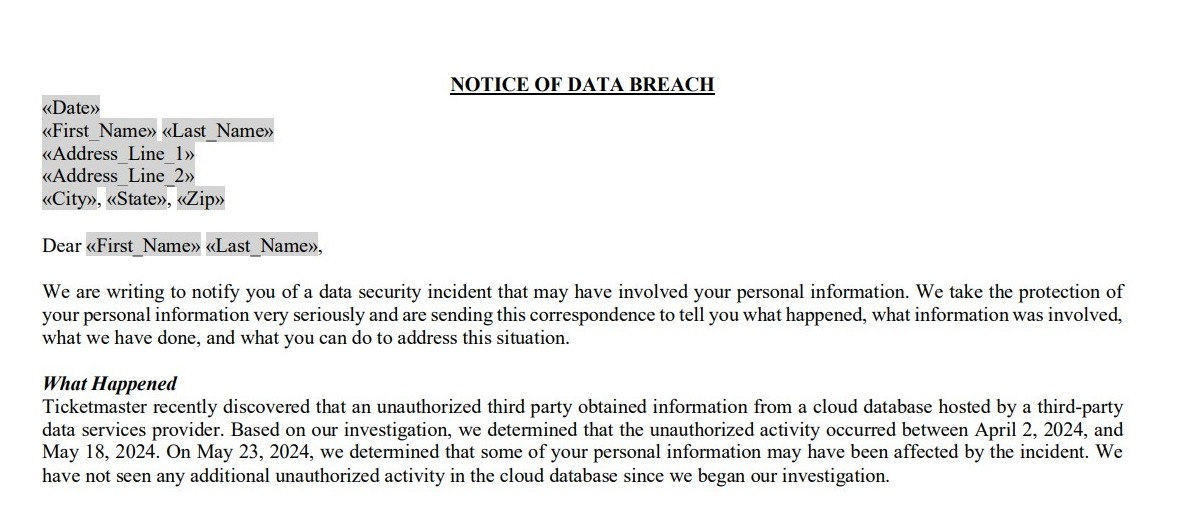 ticketmaster notice of data breach